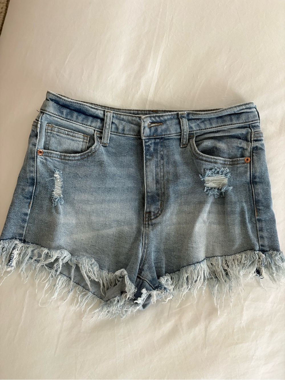 Celebrity Pink Light Blue Distressed Frayed Denim Shorts